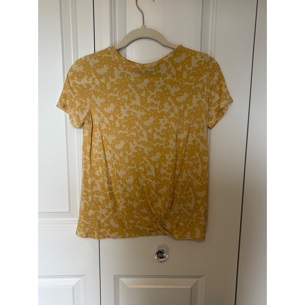 Apt 9 Womens XS Yellow Abstract Floral Twist Front Short Sleeve Knit Top